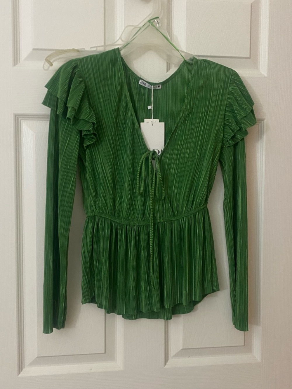 ZARA Emerald Green Pleated V-Neck Ruffle Tie Front Blouse Top